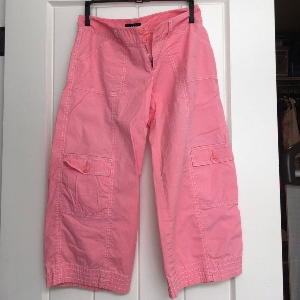 Vintage Y2K Bebe Pink Hibiscus Cargo Wide Leg Capri Pants Size 2 Cotton